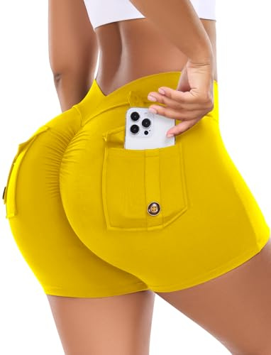 STARBILD Pantaloncini Sportivi Donna con Tasche, Scrunch Leggins Corti Vita Alta Push Up, Booty Shorts per Palestra Fitness Yoga, 11.5cm Inseam V Back - Giallo XS