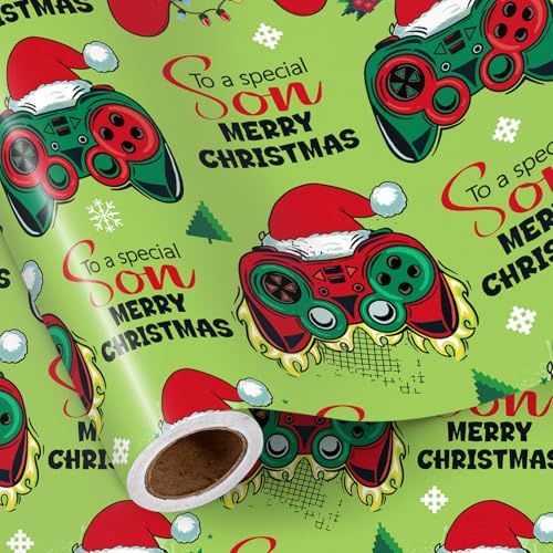 RUSPEPA Rollo De Papel De Regalo Navideño Para Hijo, Diseño De Mando De Juego Con Gorro De Papá Noel E Iconos Navideños, Papel De Regalo Verde Para Niños, Adolescentes Y Gamers, 43,2 Cm X 5 M