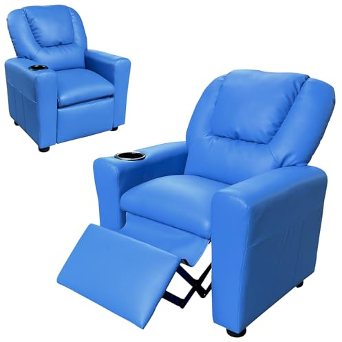 Toddler Recliner Chair for Kids Ages 1-4 – PU Leather Upholstered Kids Sofa with Cup Holder, Adjustable Backrest & Footrest, Comfortable Single Armchair for Boys & Girls Bedroom Living Room (Blue)