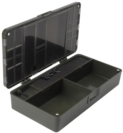 CashMuch Caja de aparejos de pesca de carpas con 10 alfileres, compartimento grande para carretes de gancho, herramientas y tijeras, sistema de almacenamiento de equipos de pesca, color negro