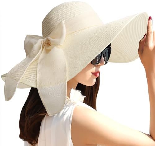 DRESHOW Femme Capeline Chapeau de Paille Chapeau à Large Bord Casquettes Anti-Soleil Respirant Pliable Rouleau Plage Cap Chapeau de Soleil UPF 50+
