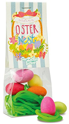 Süßes Oster Nest, 45 Gramm Naschbeutel mit grasgrünen Fruchtgummi-Schnüren und bunten Mandel-Joghurt-Eiern, ein tolles Oster-Geschenk