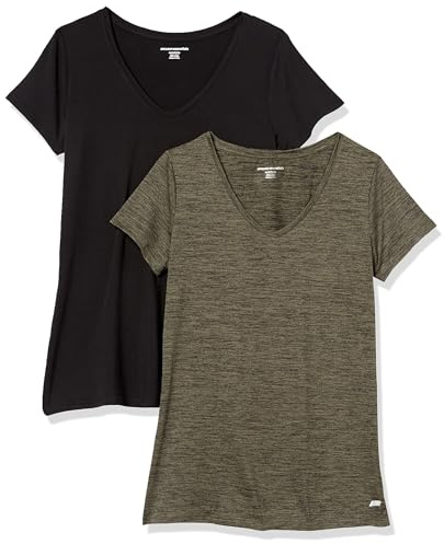 Amazon Essentials Women's Active Quick-Dry Tech-Stretch Short-Sleeve Sports, Gym And Workout Running Tops, Pack of 2, Black/Olive Space Dye, XXL