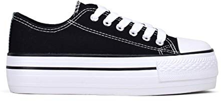 BOSANOVA Zapatillas Sneakers confeccionadas en Material de Canvas con Detalle de Finas lineas a Contraste en la Suela. Cierre con Cordones. Calzado para Mujer Negro 39