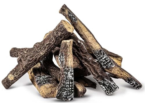 Hisencn Gas Fireplace Logs, 10 Piece Ceramic Wood Log Set for Indoor Outdoor Fireplaces, Vented, Propane, Gas Inserts, Vent-Free, Gel, Ethanol, Electric, Fire Pits Decoration(Large)