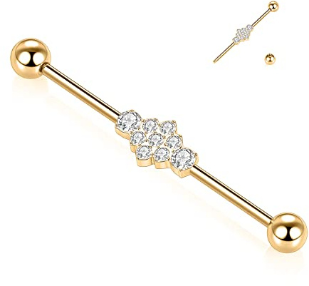 GAGABODY Piercing industrial de barra industrial de acero quirúrgico de 14 G, para mujeres y hombres, con circonita cúbica, pirámide, superficie cruzada, cartílago, joyería de 38 mm, Metal, Sin piedra