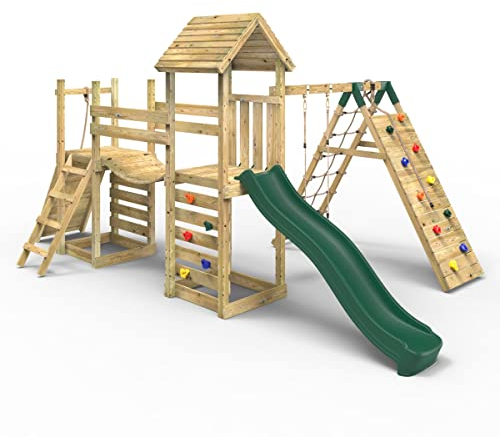 Rebo® Double Tower Climbing Frame with Flexible Bridge, Swing and Slide - Bear | OutdoorToys | Kids' Outdoor Wooden Garden Play Equipment, Children's Jungle Gym