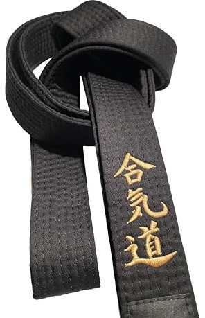 TEKKA BUDO Schwarzer Gürtel Bestickt - Aikido - 330 cm - Schriftzeichen Bestickung Gold - Schwarzgurt Kanji japanisch - Aikidogürtel