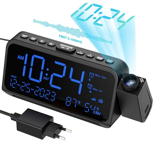 ROCAM Radiowecker mit Projektion, Projektionswecker für Schlafzimmer, Wecker Digital, Dimmer, Typ-C USB-Ladegerät, Lauter Wecker mit Wochenend-/Wochentagmodus, Datum, Temperatur, Nachtlicht