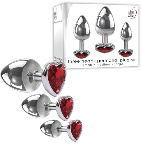 Adam & Eve Three Hearts Gem Anal Plug Set, 3 Piece Polished Aluminum Butt Plug Kit with Sparkling Jewel Bases, Small Medium Large Sizes, Tapered Tips for Easy Insertion, Includes Velvet Storage Bag