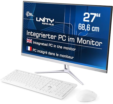 All-in-One-PC CSL Unity F27W-ALS, 68,58 cm (27 Zoll, 1920x1080 Full HD) - Leistungsstarker AIO (Intel N200 CPU 4x3700 MHz, 256 GB SSD, 8 GB DDR4-RAM, Windows 11 Pro), weiß