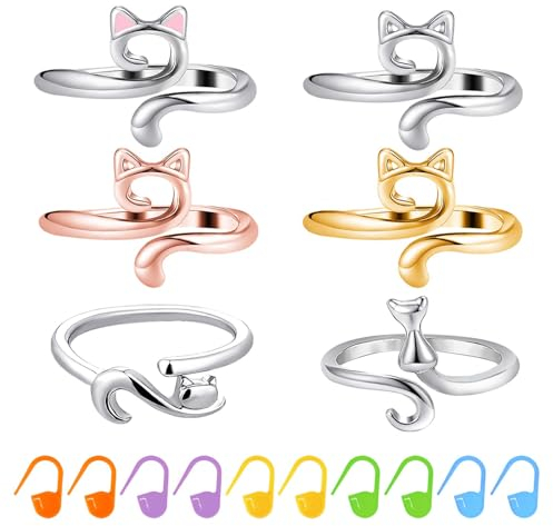Abeillo 6 Stück Häkelring, Häkelringe Finger, Metall Verstellbare Häkelringe Crochet Ring mit 10 Verschluss Maschen