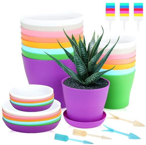 RETON Lot de 38 Pots en Plastique Coloré - 16 Pots d'Intérieur de 10/14 cm Avec Plateau, 18 Étiquettes de Plantes, 4 Outils