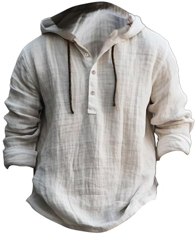 BOTCAM Chemise en lin à manches longues pour homme - Sweat à capuche fin et respirant - En lin - Avec capuche - Printemps - Automne - Chemise de loisirs - Légère - Décontractée - Respirant -