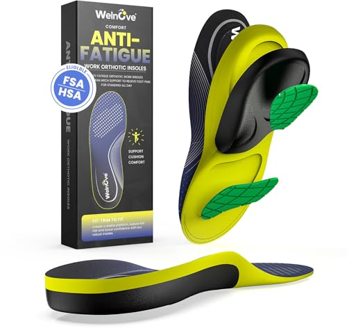 Work Orthotic Insoles for Plantar Fasciitis - Welnove Superior Comfort Work Boot Insoles for Standing All Day - Anti Fatigue Medium Arch Support Shoe Inserts for Men Women Flat Feet Pain (Size L)