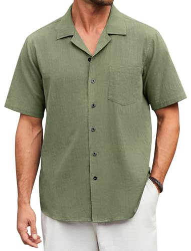 Enlision Camisa Lino Hombre Manga Corta Verano Casual Camisas Cubana Hombre Regular Elegante de Algodón Lino con Botónes