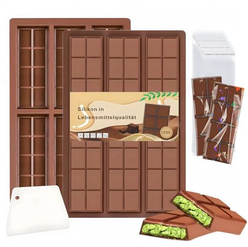 FLYGRRIV Schokoladenform Silikon Tief 6 Hohlräume Dubai Schokolade Form-2 Stück Silikonform Form Mit 1 Schaber und 100 Stück Beuteln,Schokoladentafel Tiefe Schokoladenform,Extra Tief Schokolade Form