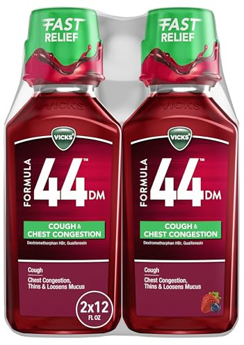 Vicks Formula 44 DM Cough & Congestion Liquid, Over-The-Counter Medicine, Day or Night, Cough Syrup, Powerful Cough and Congestion Relief, Cough Suppressant and Expectorant, Berry Flavor, 2x12 FL OZ