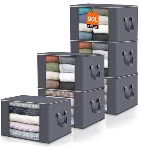 Clothes Storage Bags, 6 Pack 90L Large Capacity Storage Boxes With Lid, Zips & Reinforced Handle for Moving House - Thick Fabric Foldable Large Storage Box for Clothes Comforters Blankets Bedding