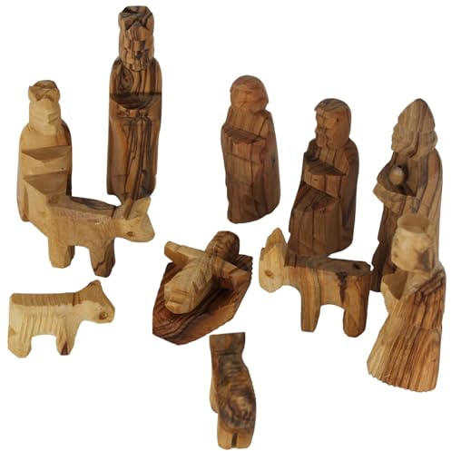 Holy Land Market Olive Wood Children's Nativity Scene - 12-Piece Indoor Wooden Nativity Set, Handmade in Bethlehem, with Pictorial Story Booklet & Authenticity Certificate, 4-Inch Figures