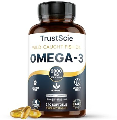 Trustscie Omega 3 Fish Oil 2000mg – High Strength with 660mg EPA & 440mg DHA – 240 Softgel Capsules (4 Month Supply) – Omega 3 Fatty Acids Supplement – Gluten-Free & Lactose-Free