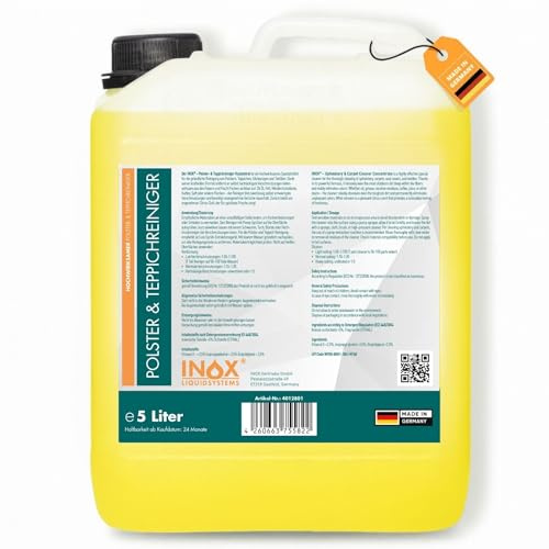 INOX® Polster- & Teppichreiniger Konzentrat 5L | Tiefenreiniger für Polster, Teppiche & Autositze | Entfernt hartnäckige Flecken & Gerüche | Frischer Citrusduft