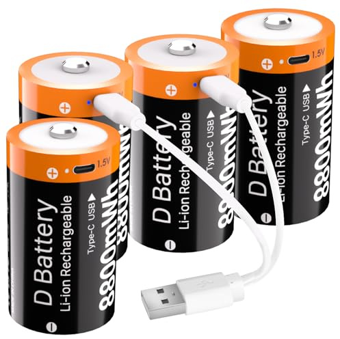 RRUHHK (8800mWh) Rechargeable D Batteries, New Upgrade High Capacity Lithium D Cell Battery Replacement for Floodlight, Electronic Toys etc, with 2 in 1 USB-C Cable- 4 Packs