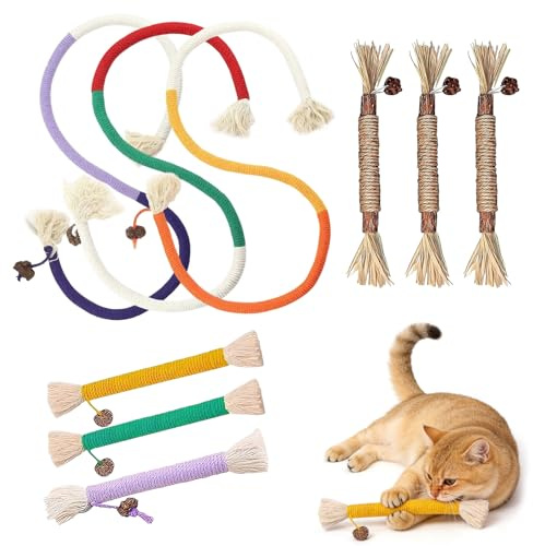 Nocecfi Cat Toys Chew Ropes Set, 9 Pcs Cotton Cat Chew Sticks Toy, Interactive cat Chew Toy In, Natural Matatabi Silvervine Chew Sticks, Catnip Chew Rope for Indoor Cats and Kittens Teeth Cleaning