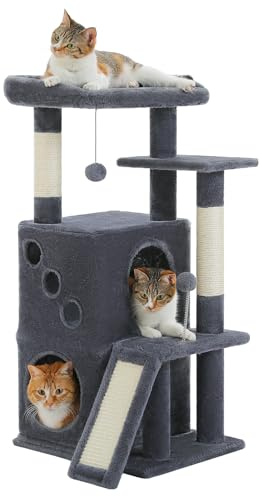 PETEPELA Arbre à chat de 88 cm pour chats d'appartement avec large surface de couchage supérieure, grotte privée et colonne griffeuse en sisal, tapis à gratter pour chats d'appartement, gris foncé