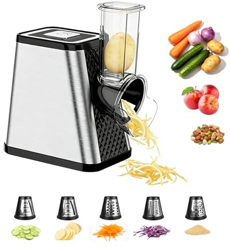 Cortador de Verdura, Cortador de Verduras Eléctrico 5 en 1 con 5 Cuchillas de Acero Inoxidable Rallador de Verduras Multifuncional de 800 W para Queso Duro Zanahorias Pepinos Patatas Repollo