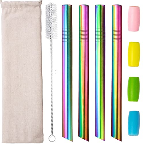 Boba Straws Bubble Tea Straw Reusable Metal Straws Wide Thick Fat Angled Tip Smoothie Milkshake Jumbo Straws with Carry Bag Silicone Tips Cleaner Brush 12mm 0.5 4 Pack Rainbow