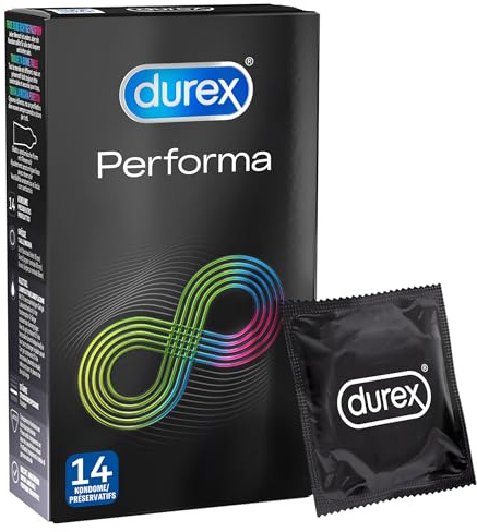 Durex Performa Kondome – transparent und befeuchtet Kondome mit 5% benzocainhaltigem Gel, angenehmer Geruch – Perfekter Sitz & leichtes Abrollen – 14er Pack (1 x 14 Stück)