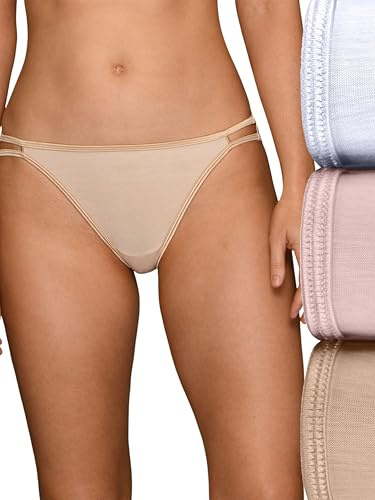 Vanity Fair Womens Illumination String Panties, Silky Stretch & Satin Trim Bikini Style Underwear, 3 Pack - White/Quartz/Beige, 6 US