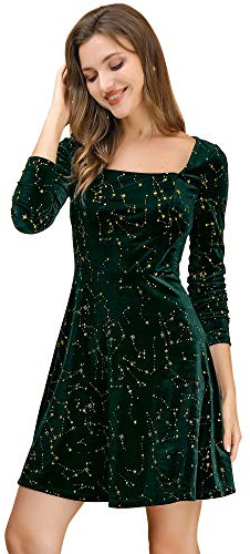 Allegra K, Abito da Donna in Velluto a Maniche Lunghe per Autunno e Inverno, con Scollo Quadrato e Stampa a Stelle, per Feste, Cocktail, Natale, Verde, XL