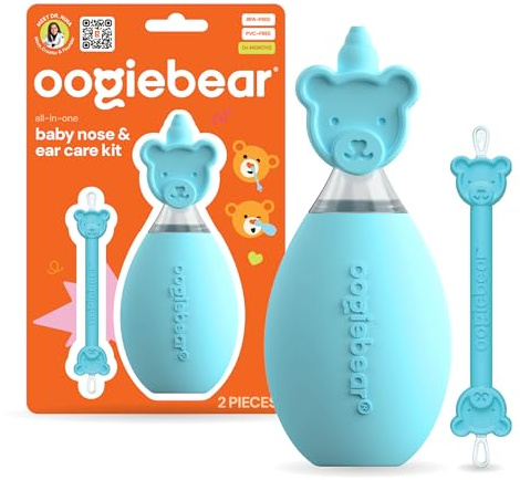oogiebear BearPair FSA/HSA Eligible Silicone Bulb Baby Nasal Aspirator and Ear & Nose Syringe, Safely Sucks Snot and Removes Mucus, Cleanable and Reusable, Blue