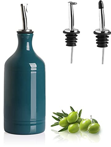 Sweejar Ceramic Olive Oil Dispenser Bottle, Opaque Oil Cruet Protects Oil to Reduce Oxidation, Suitable for Storage Oil, Vinegar, Coffee Syrups & Other Liquids, Pack of 1, 15.5 Fl Oz (Teal Green)