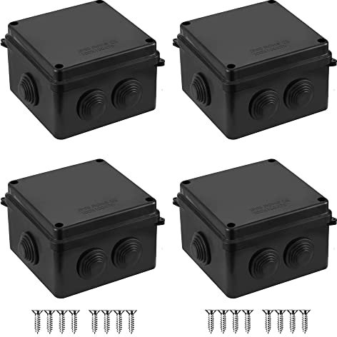 Pack of 4 Black IP65 Junction Box, ABS Plastic Outdoor External Electrical Enclosure Box, Universal Weatherproof Surface Mounted CCTV Junction Boxes (100x100x70mm) – AVARTEK (Black)