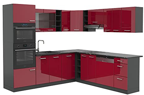 Vicco Eckküche R-Line, Rot Hochglanz, 247 x 46 cm ohne Arbeitsplatte, für Variable Küchenplanung und modulare Erweiterung