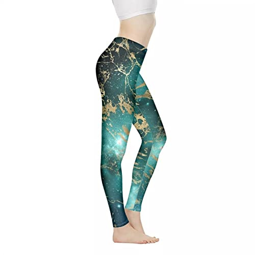SCRAWLGOD Casual Workout Leggings for Women Green and Gold Galaxy Marble Print High Waisted Butt Lifting Gym Soft Stretchy Yoga Pants