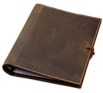 leather 2 inch 3 ring presentation binder portfolio organizer, vintage leather notepad document folder hard cover letter size