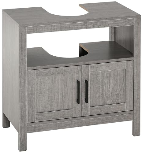 kleankin Mobile Sottolavabo con Armadietto a 2 Ante e Ripiani, Mobiletto Bagno Salvaspazio in Legno, per Lavabi con o senza Colonna, 60x30x60cm, Grigio
