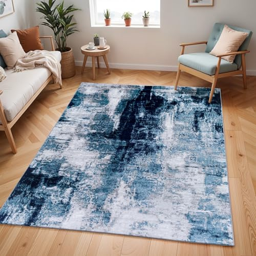 Livabliss Helsinki Abstract Rug - Area Rugs Living Room 160x220 cm, Dining Room, Lounge, Kitchen, Bedroom - Modern Marble Large Rug, Soft Luxurious Easy Care Medium Pile, Blue, Charcoal, White, Grey
