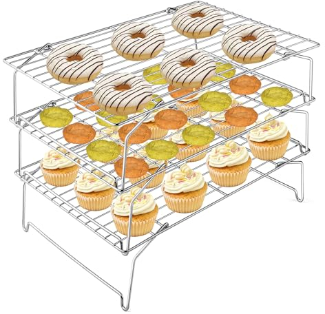 Joyfair Abkühlgitter, 3-Stöckiges Edelstahl Kuchengitter Auskühlgitter Set, Rechteckig Stapelbar Backgitter Kühlgitter für Kekse, Brot und Pizza, Faltbar & Stapelbar, Spülmaschinenfest - 38,1x25,9cm