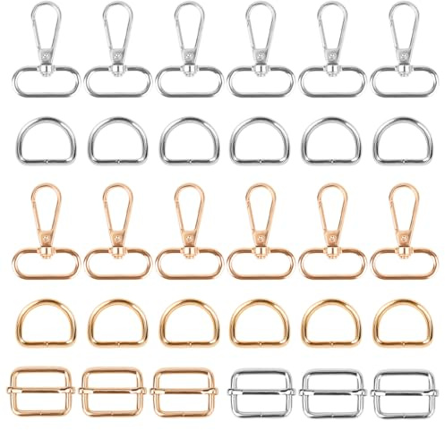 YSDMY 30 Piezas Anillos en D gancho giratorio Hebilla Deslizante Oro/Plata repuesto metálicos utilizado para la hacer bolsos, collar para mascotas, DIY Artesanía Mochila
