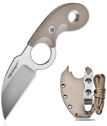 TONIFE Crescent Neck Knife Outdoor Messer Feststehende Klinge aus 8Cr14MoV-Stahl mit Scheide Lanyard und Clip Full Tang Messer Überlebensmesser (Warmer Sand+Stonewash)