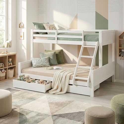 Homestyle4u Etagenbett 90x200, Hochbett mit Bettkasten, Etagenbett 140x200 mit 2 Matratzen und Lattenrosten, Stockbett Kinder Holz weiß, Doppelstockbett 90x200 und 140x200 mit Bettkasten und Matratzen