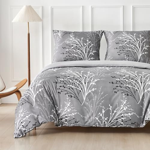 Tokokimo Bettwäsche 200x200 3teilig - Bettwäsche-Sets mit 2 Kopfkissenbezüge mit Reißverschluss 80x80 cm - Zweig und Blattmuster Mikrofaser Bettbezug für Doppelbetten mit Reißverschluss, Grau