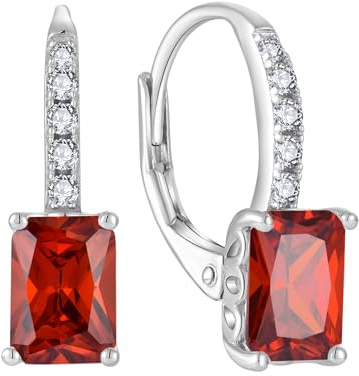 FJ Prinzessschliff Hängend Ohrringe Damen 925 Sterling Silber Quadrat Solitaire Ohrringe Granat Januar Geburtsstein Schmuck Geschenke für Frauen