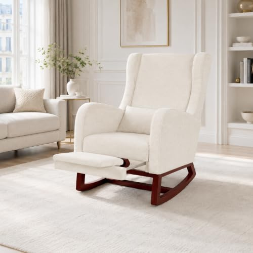 POYHKFD Sessel, sedia a dondolo, imbottita, sedia a dondolo scandinava con base in legno, spessa poggiapiedi, 2 tasche laterali, 1 cuscino lombare (Beige + poggiapiedi)