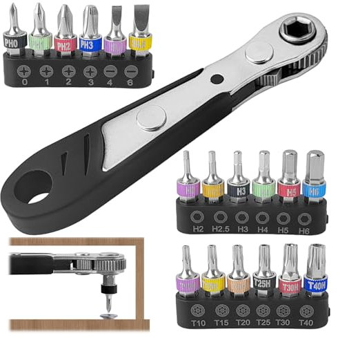 yoivkgo 19 Pièces Tournevis Cliquet, Robuste et Facile à Utiliser, 110 mm 1/4, Tournevis à Cliquet, Multifonctionnel, Mini Clé à Cliquet, pour Gadgets, Voitures, Maisons, Machines (noir)